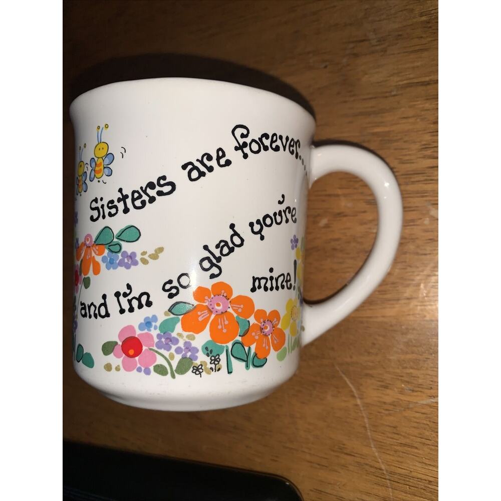 Vintage JSNY Sisters are Forever Mug White Flower Print Coffee Cup